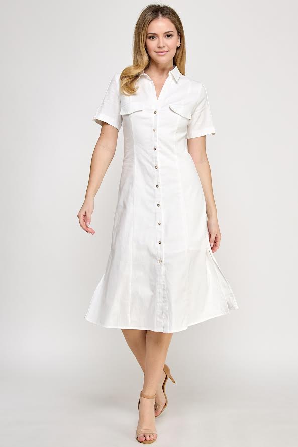 Rubienn Short Sleeve Collared Midi Dress Off White / L Rubienn Short Sleeve Collared Midi Dress Off White / L