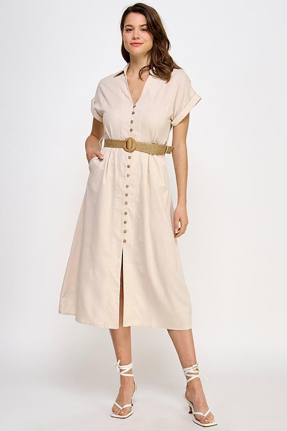 Rubienn Button Down Belted Midi Dress