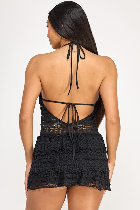 Spring Haze Halter Lace Ruffle Romper