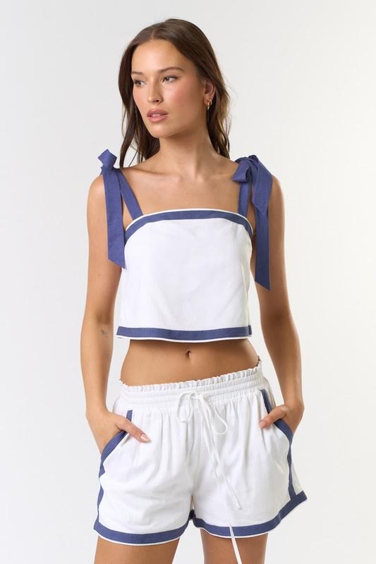Lalavon Bow Strap Top With Ruffle Banding Short Set