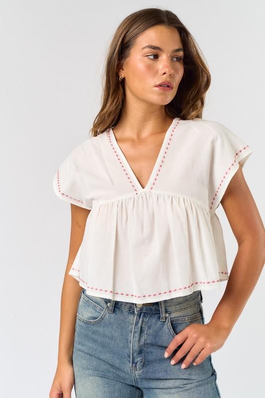 Lalavon Deep V-Neck Loose Fit Top With Embroidery