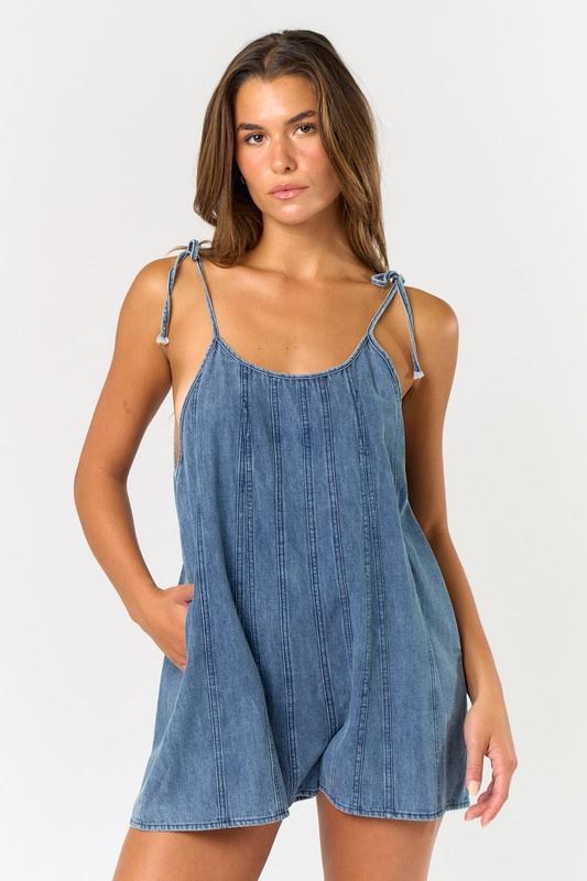 Lalavon Shoulder Strap Swing Denim Romper