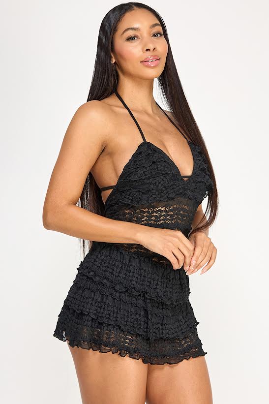 Spring Haze Halter Lace Ruffle Romper