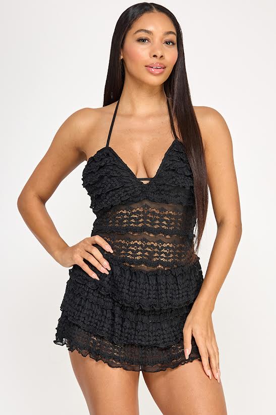 Spring Haze Halter Lace Ruffle Romper