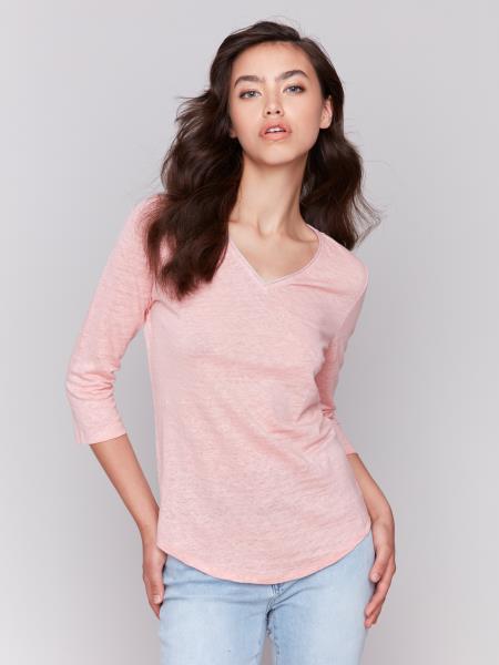 Charlie B 3/4 Sleeve V-Neck Top with Trim