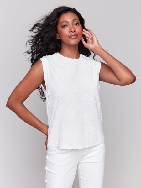 Charlie B Embroidered Sleeveless Crew Neck Top
