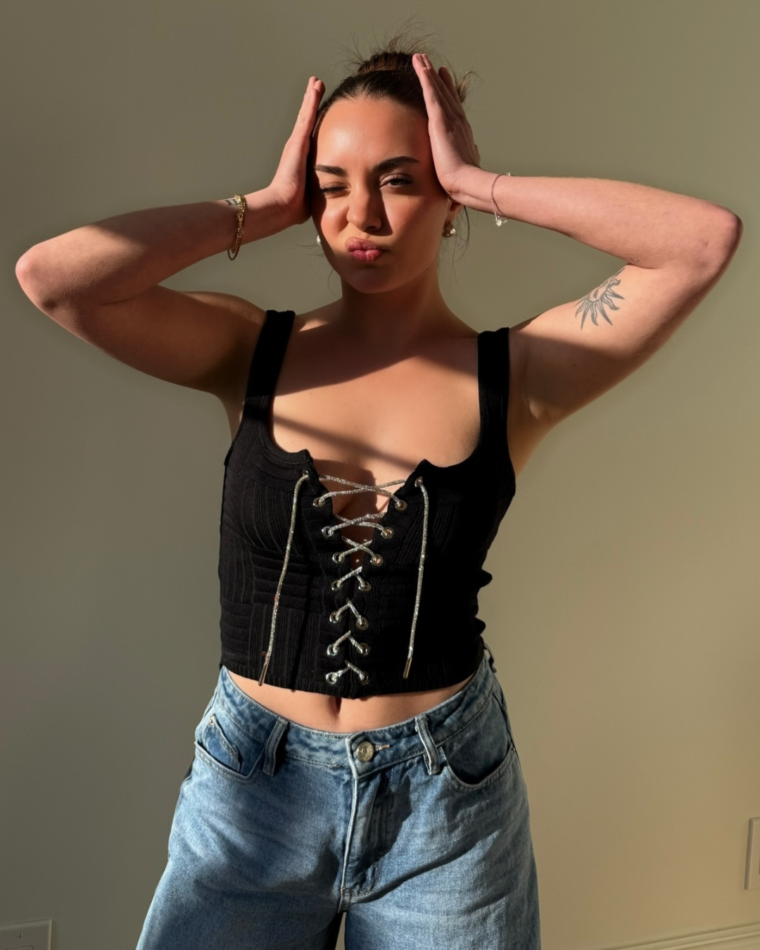 Immodel Knit Tank With Front Lace Up Sparkle Chain