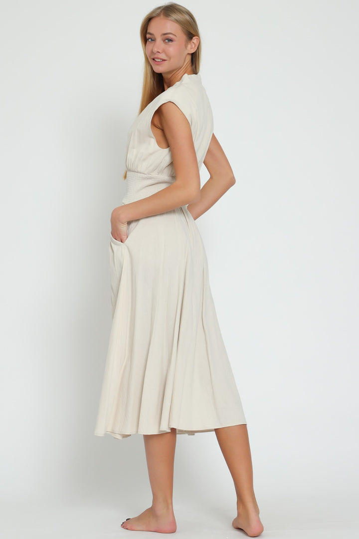 Aakaa Shoulder Pad Smocked Waistband Dress