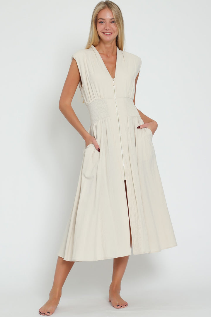 Aakaa Shoulder Pad Smocked Waistband Dress