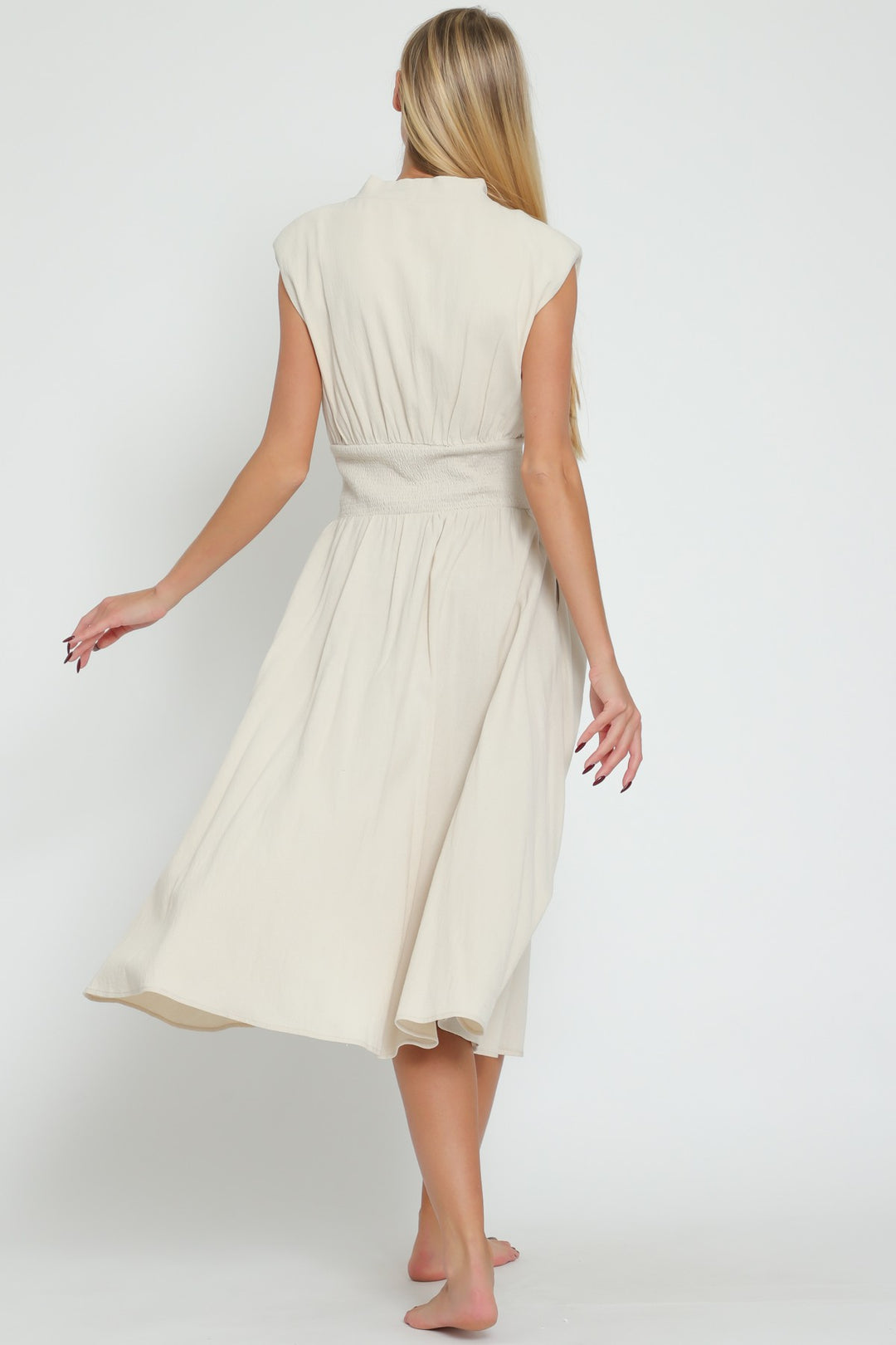 Aakaa Shoulder Pad Smocked Waistband Dress