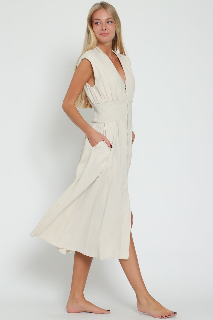 Aakaa Shoulder Pad Smocked Waistband Dress