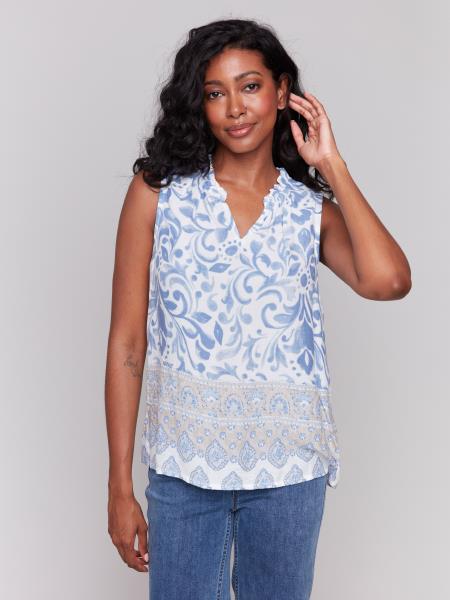 Charlie B Printed Sleeveless Top with Ruffle Collar