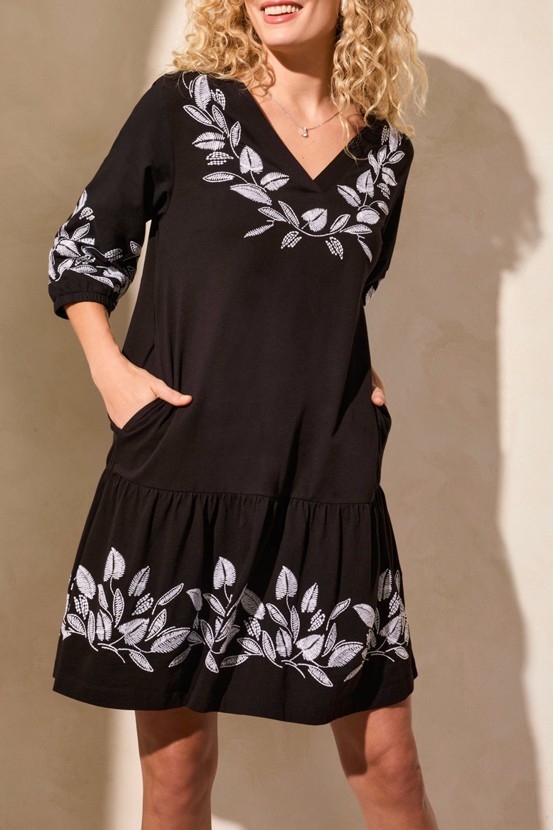 Tribal Elbow Sleeve V-Neck Dress with Embroidery