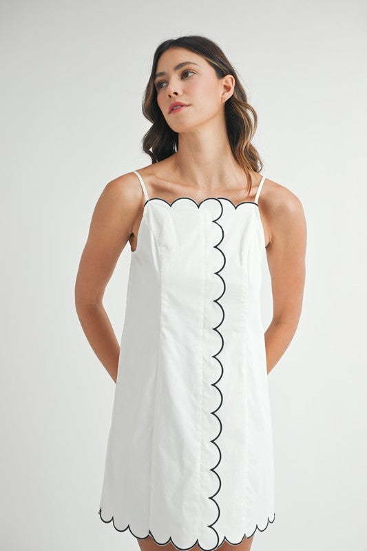 Mable Scallop Detailed Strap Shoulder Mini Dress Off White / S