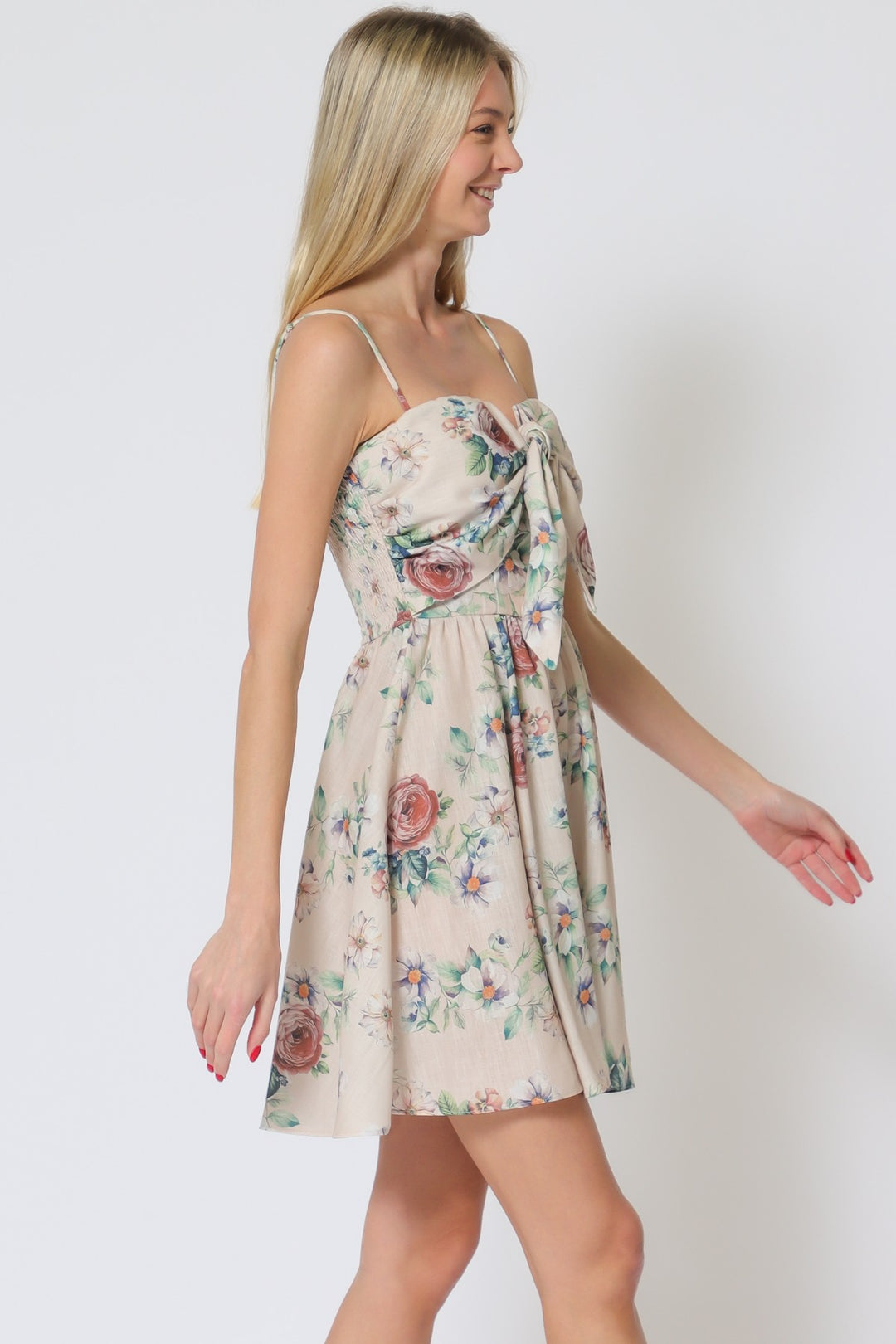 Aakaa Adjustable Strap Tie Front Chest Smocked Back Mini Dress