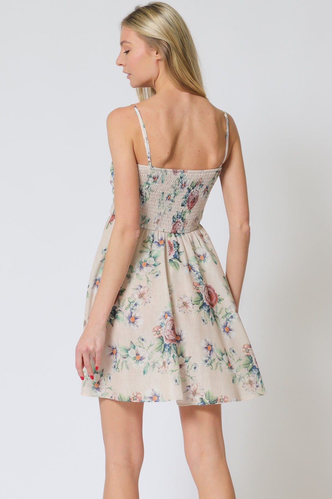 Aakaa Adjustable Strap Tie Front Chest Smocked Back Mini Dress