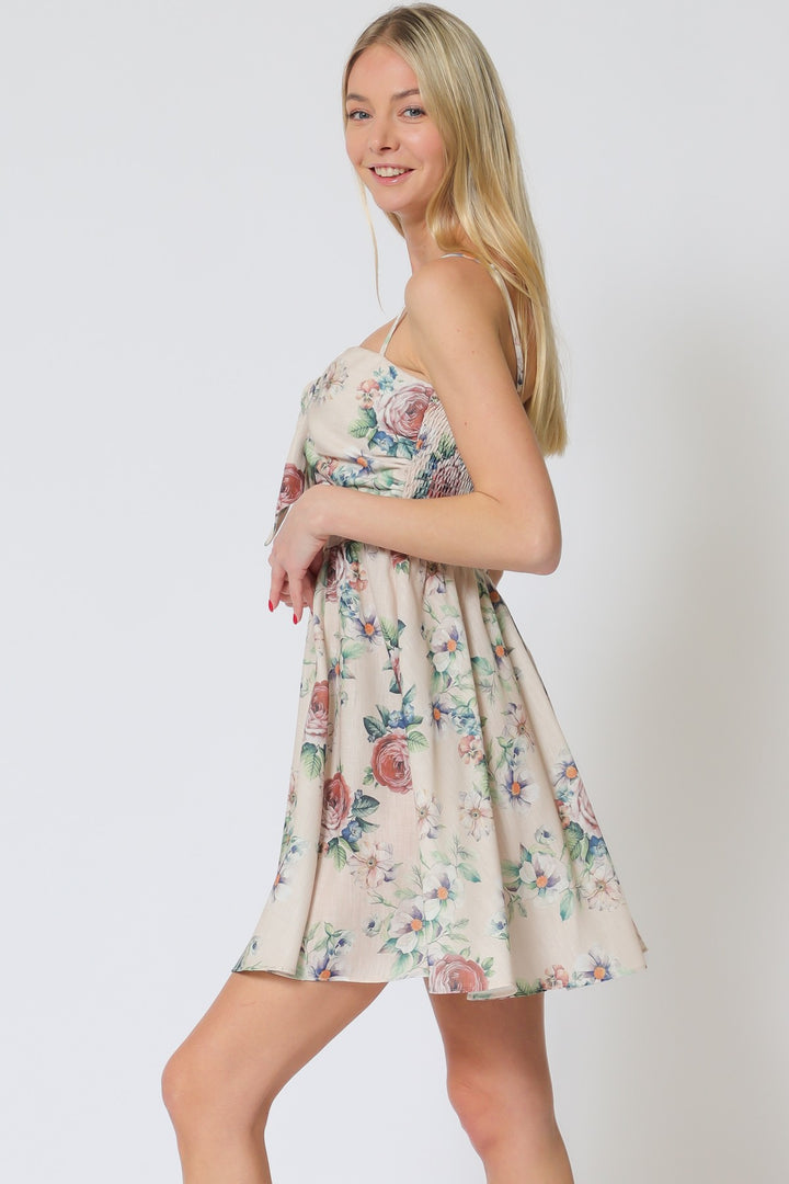 Aakaa Adjustable Strap Tie Front Chest Smocked Back Mini Dress