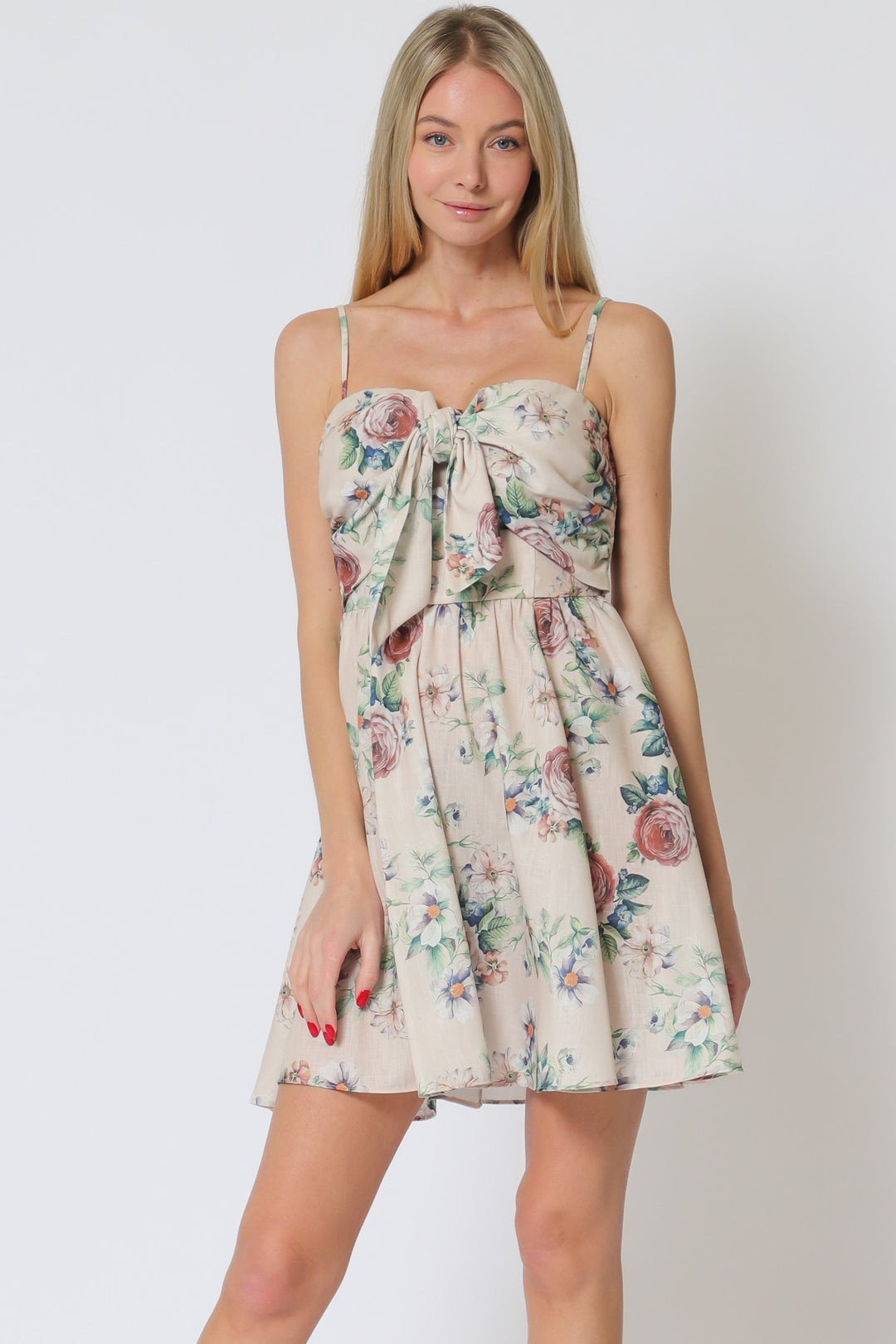 Aakaa Adjustable Strap Tie Front Chest Smocked Back Mini Dress