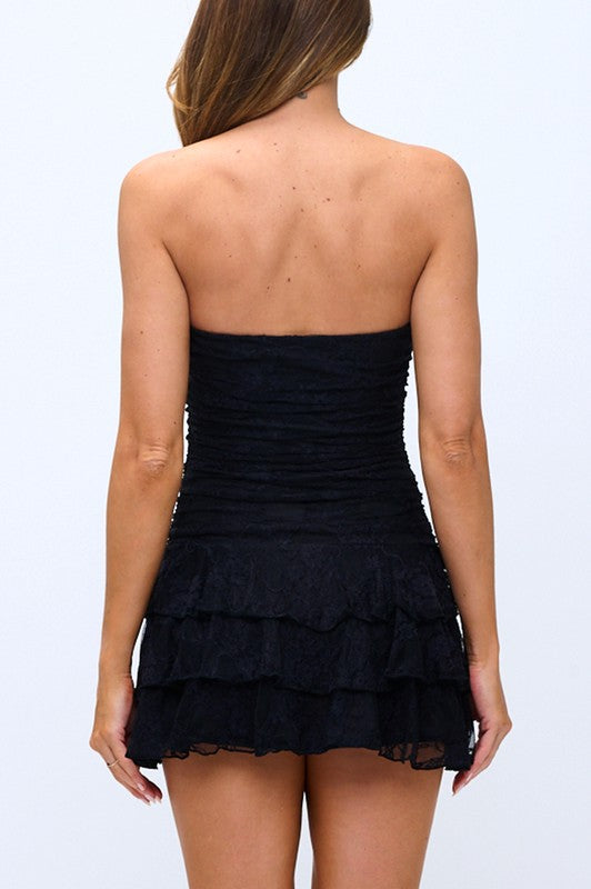 Lovely Day Lace Ruched Triple-Layer Mini Dress Black / M Lovely Day Lace Ruched Triple-Layer Mini Dress Black / M
