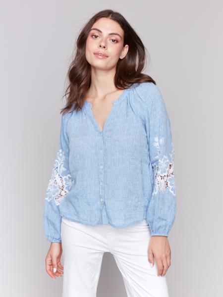 Charlie B Raglan Long Sleeve Blouse with Embroidery