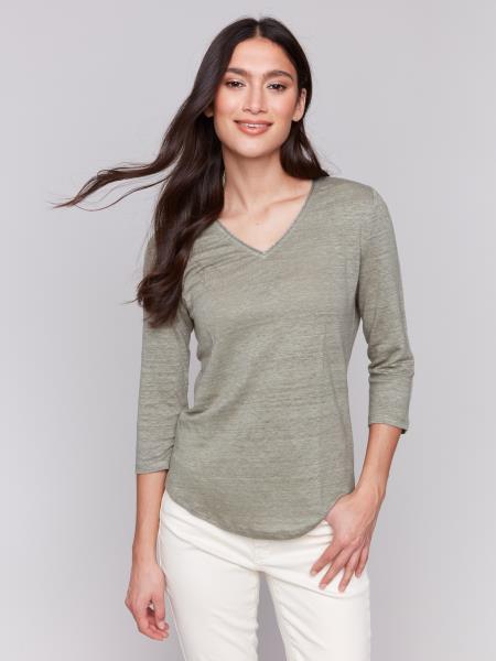Charlie B 3/4 Sleeve V-Neck Top with Trim