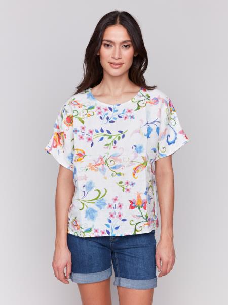 Charlie B Printed Linen Dolman Top