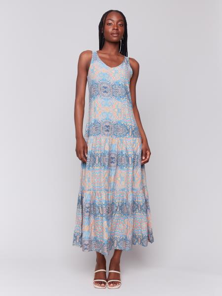 Charlie B Printed Sleeveless Rayon Tiered Maxi Dress Papaya / L