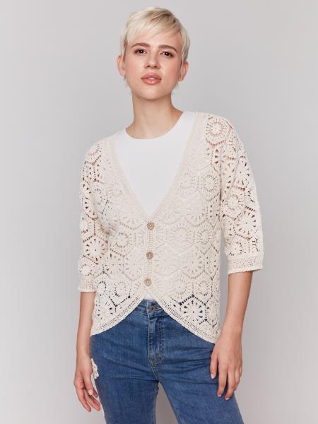 Charlie B Elbow Sleeve V-Neck Crochet Cardigan