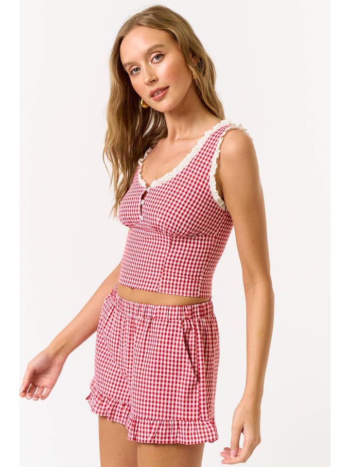 Blue Blush Gingham Smocked Back Tank