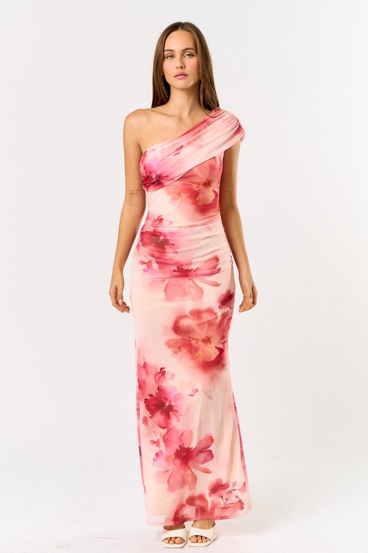 Blue Blush Mesh One Shoulder Maxi Dress