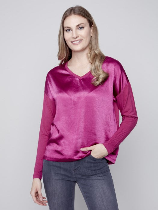 Charlie B Satin Front Top With Jersey Back and Sleeve