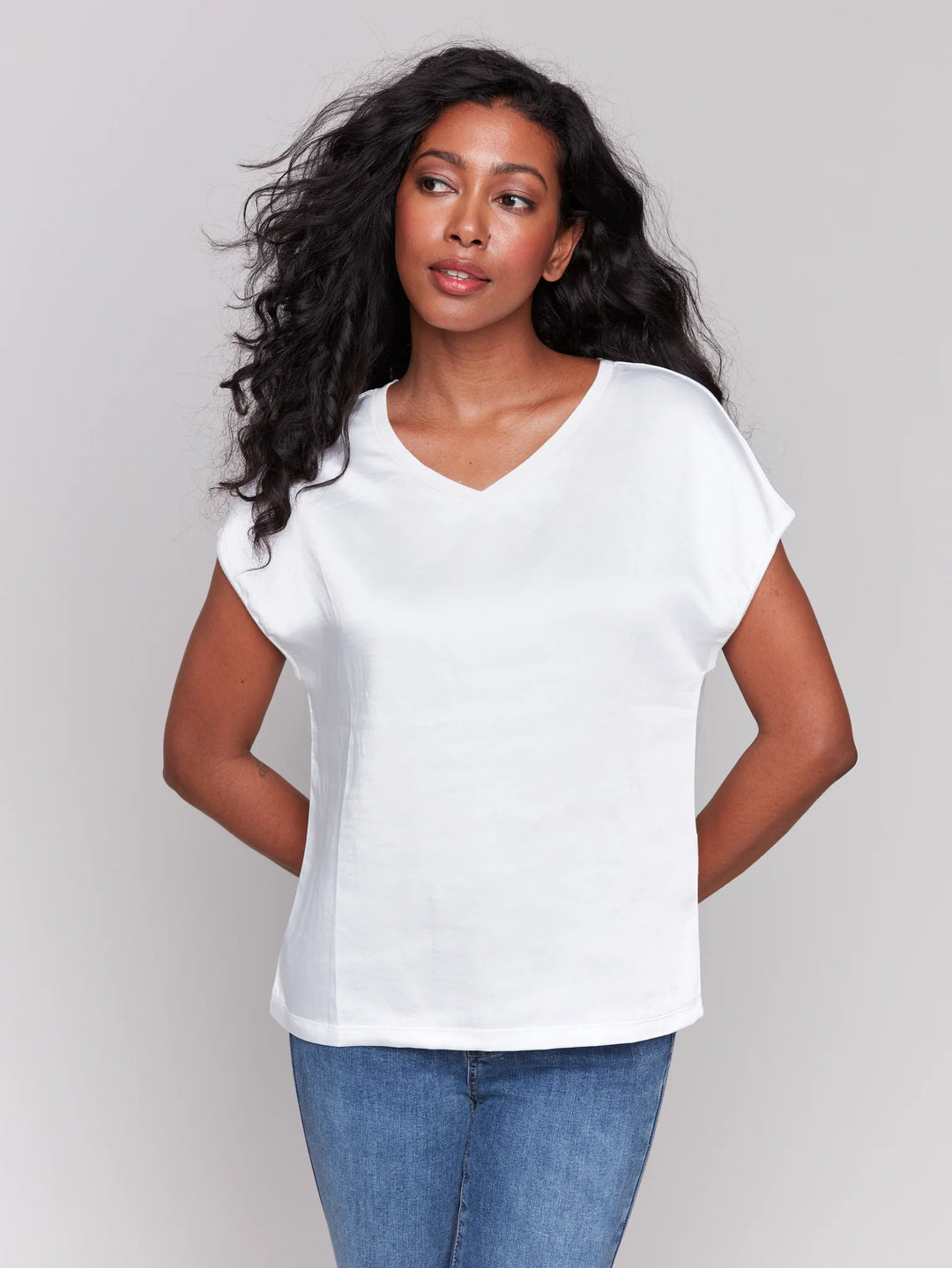 Charlie B Short Sleeve Satin V-Neck Knit Top