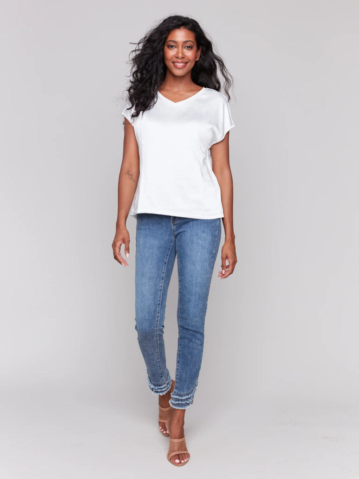 Charlie B Short Sleeve Satin V-Neck Knit Top