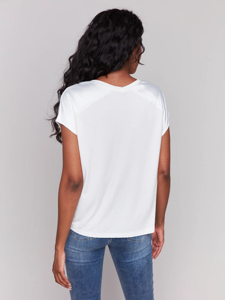 Charlie B Short Sleeve Satin V-Neck Knit Top