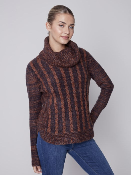 Charlie B Two Tone Cable Knit Turtleneck Round Hem Sweater