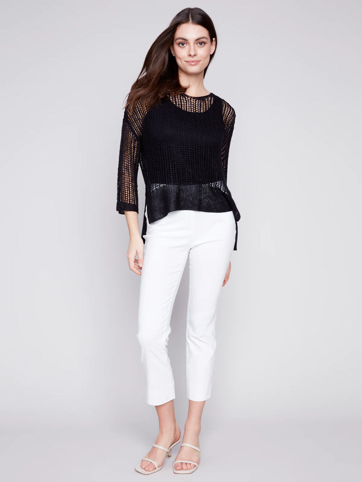 Charlie B V-Neck Fishnet Crochet 3/4 Sleeve Dolman Top