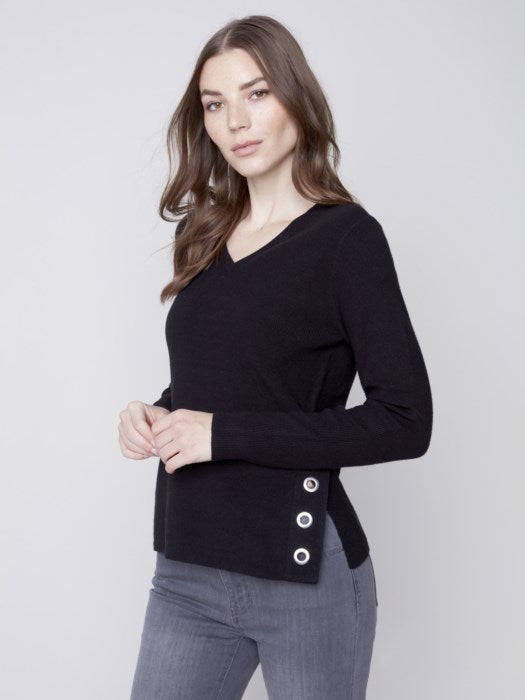 Charlie B V-Neck Sweater with Side Slit With Eyelet Detail