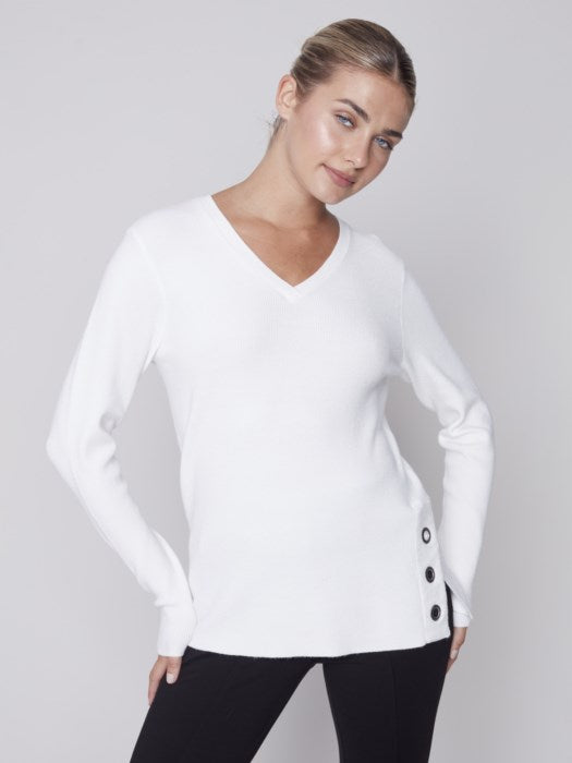 Charlie B V-Neck Sweater with Side Slit With Eyelet Detail