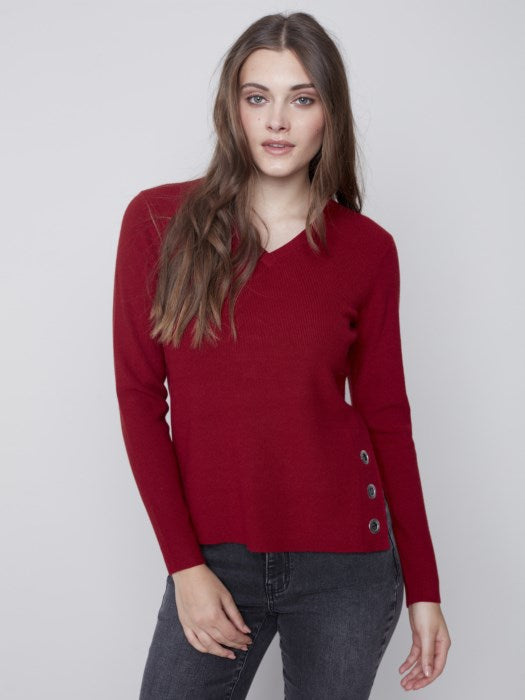 Charlie B V-Neck Sweater with Side Slit With Eyelet Detail