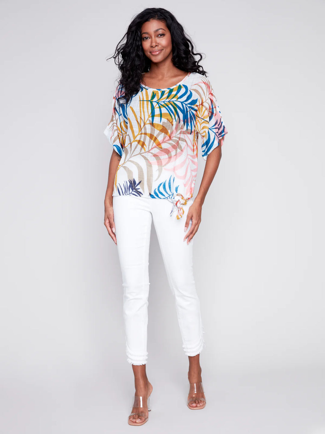 Charlie B Digital Printed Dolman Cotton Blouse With Side Tie