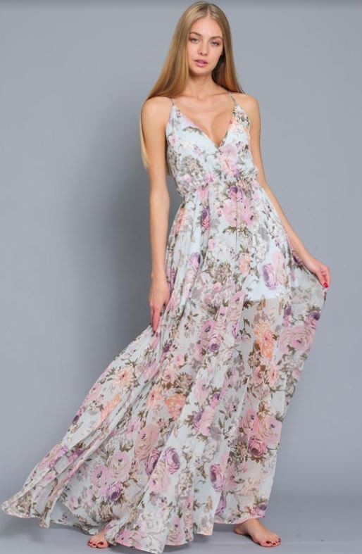 aakaa floral maxi dress AAKAA Women's/Junior's Blue Floral Maxi Dress SZ S On/Off Shoulder Slit