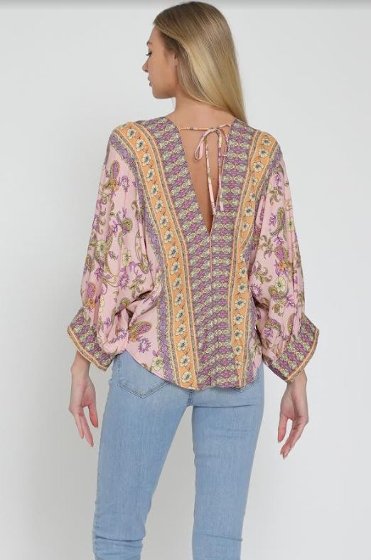 Aakaa 3/4 Dolman Sleeve Tie Front Waisted Border Printed Top