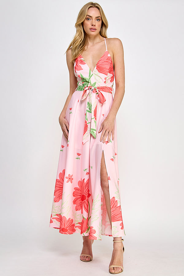 Rubienn Floral Border Print Side Open Maxi Dress Rubienn Floral Border Print Side Open Maxi Dress
