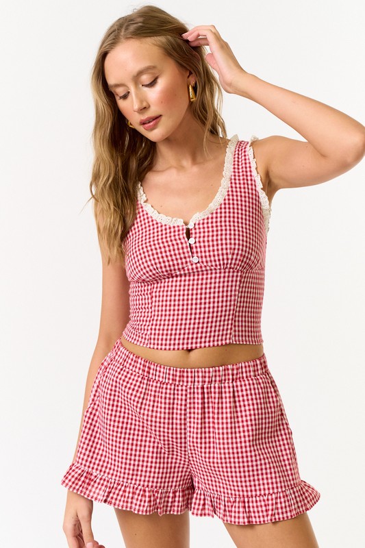 Blue Blush Gingham Smocked Back Tank