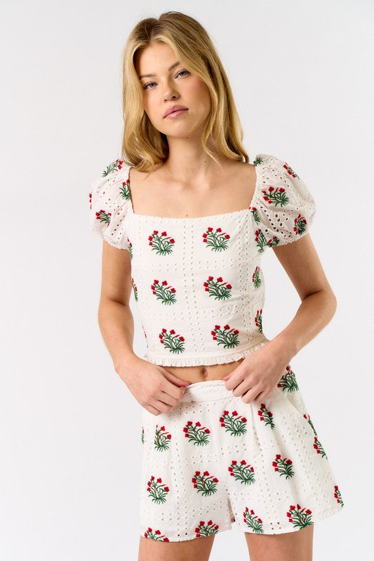 Blue Blush Embroidered Puff Sleeve Top
