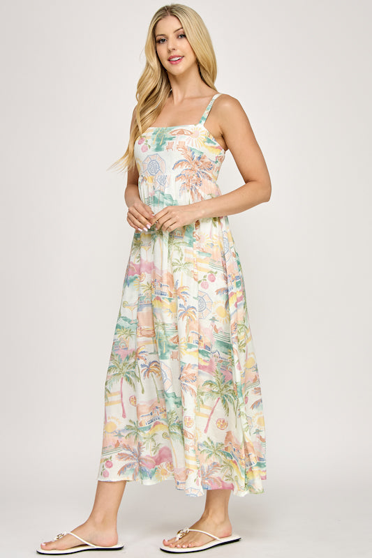Millibon Provance Beach Strappy Midi Dress Mauve/Sage / S