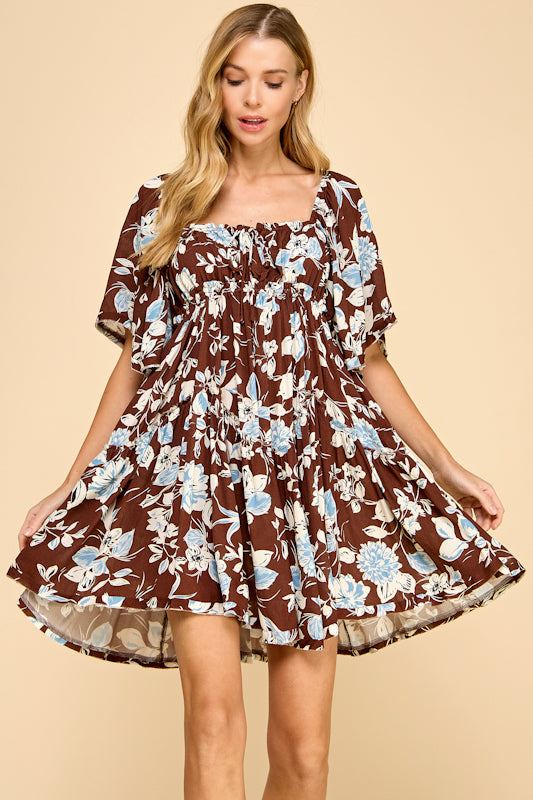 Millibon Floral Flutter Sleeve Square Neck Dress