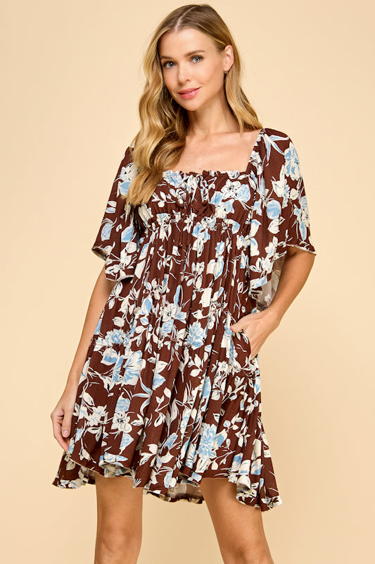 Millibon Floral Flutter Sleeve Square Neck Dress