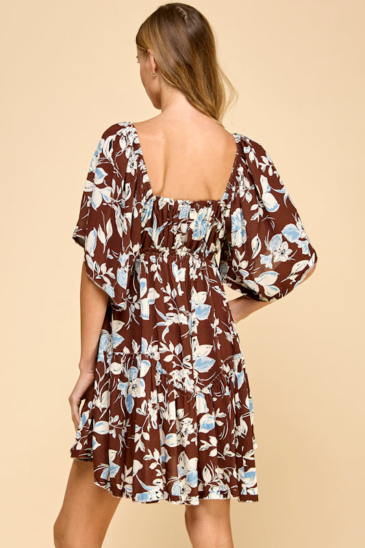 Millibon Floral Flutter Sleeve Square Neck Dress
