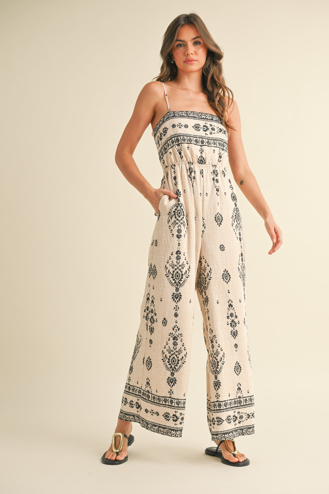 Klesis Ethnic Boarder Smocked Jumpsuit